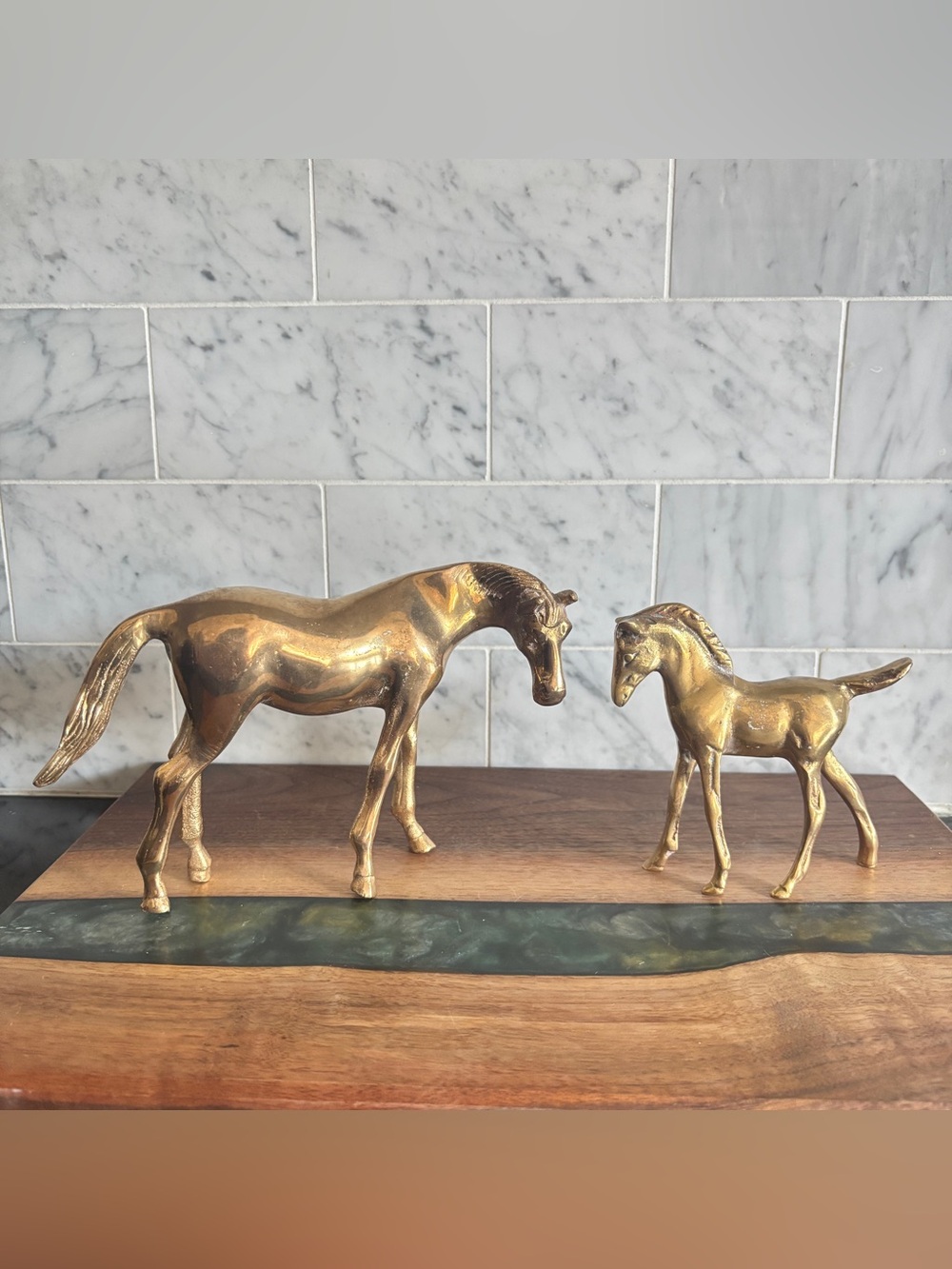 Vintage Pair of Mid Century Brass Mama and Baby Horse Figurines